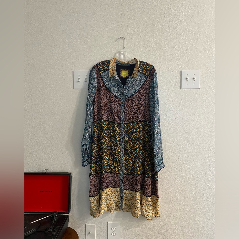 Mixed print patchwork dress with collar, buttons. Perfect for fall!